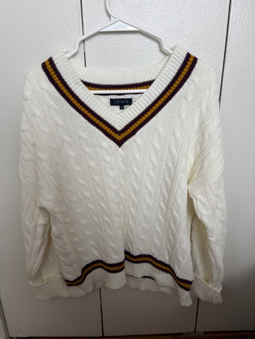 STATE Cream Cable-Knit V-Neck Sweater with Maroon and Mustard Trim
